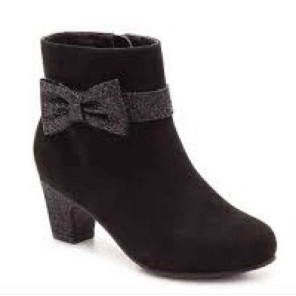 Women Girls Nina Glitter Bow Mid Heel Ankle Boots Black Suede Size 4